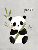 Zwart-witte panda met roze wangen en groene bamboetakken op een lichtgrijze achtergrond met het woord panda.