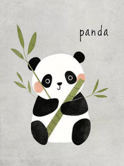 Zwart-witte panda met roze wangen en groene bamboetakken op een lichtgrijze achtergrond met het woord panda.