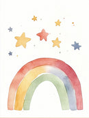 Pastelkleurige regenboog met gele rode en blauwe sterren op wit