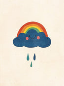 Een lachende blauwe wolk met roze wangen, een regenboog en drie regendruppels op crème.