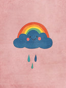 Een lachende blauwe wolk met regenboog, roze wangen en drie regendruppels op een roze achtergrond.