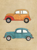 Oranje en blauwe retro auto's op een beige getextureerde achtergrond