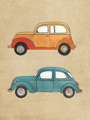 Oranje en blauwe retro auto's op een beige getextureerde achtergrond