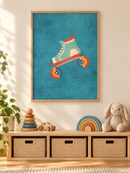 Retro Rolschaats in een houten lijst boven een speelgoedkast in een lichte kinderkamer