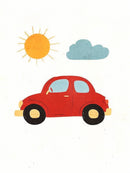 Rode auto onder een gele zon en blauwe wolk op lichte achtergrond