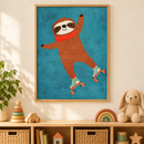 Rollende Luiaard Blauw in een houten lijst boven een speelgoedkast in een lichte kinderkamer