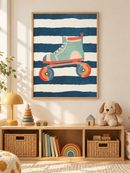 Rolschaats met Strepen in een houten lijst boven een speelgoedkast in een lichte kinderkamer