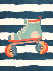 Een mintgroene rolschaats met rode details en kleurrijke wielen op blauw-crèmekleurige strepen.