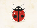 Een rood lieveheersbeestje met zwarte stippen, lichte accenten en lange voelsprieten op een crèmekleurige achtergrond.