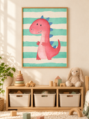 Roze Dino met Strepen in een houten lijst boven een speelgoedkast in een lichte kinderkamer