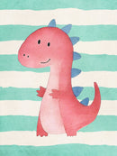 Een lachende roze dinosaurus met blauwe rugstekels op mintgroene en crèmekleurige strepen.