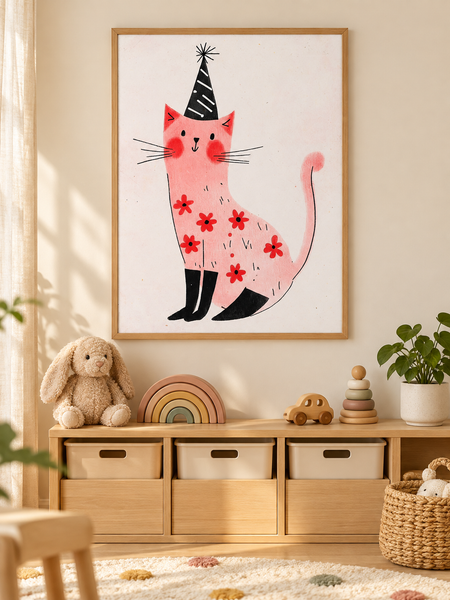 Roze Feestkat met Bloemen in een houten lijst boven een speelgoedkast in een lichte kinderkamer