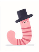Een vrolijke roze worm met donkere strepen, roze wangen en een zwarte hoge hoed op een witte achtergrond.
