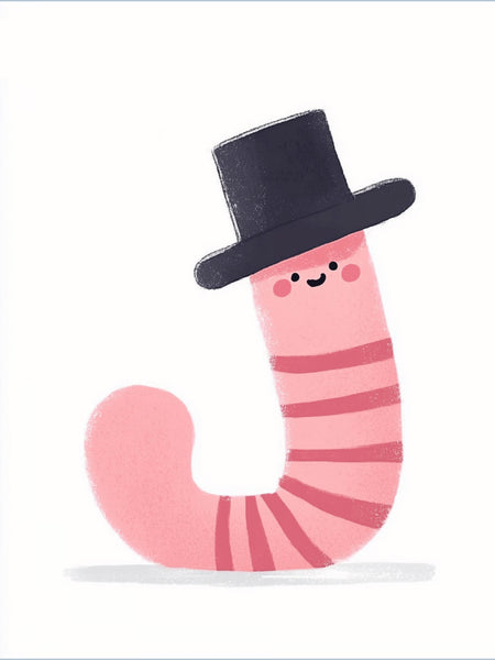 Een vrolijke roze worm met donkere strepen, roze wangen en een zwarte hoge hoed op een witte achtergrond.