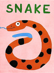 Een oranje slang met zwarte stippen en blauwe tong op roze, met groene letters SNAKE.