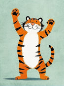 Oranje tijger met witte buik, zwarte strepen en opgeheven poten op een mintgroene achtergrond