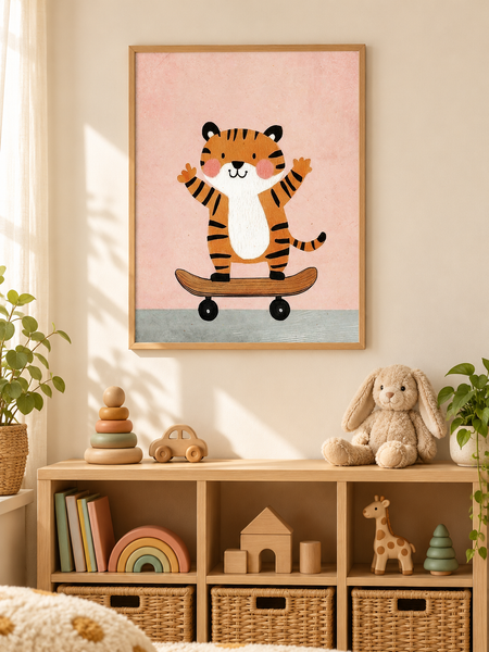 Tijger op een Skateboard in een houten lijst boven een speelgoedkast in een lichte kinderkamer
