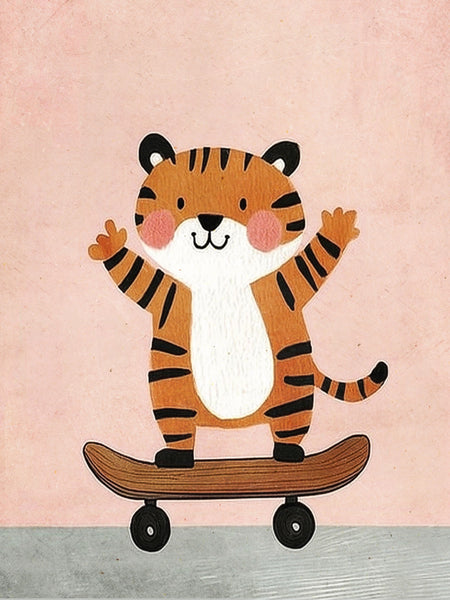 Een vrolijke oranje tijger met zwarte strepen en opgeheven pootjes op een houten skateboard tegen een zachtroze achtergrond.