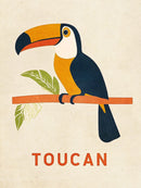 Donkerblauwe toekan met geel-oranje snavel op een tak met groene bladeren en de tekst Toucan