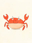 Een vrolijke rood-oranje krab met opgeheven scharen en een lichte buik op een crèmekleurige achtergrond.
