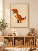 Vrolijke T Rex Oranje in een houten lijst boven een speelgoedkast in een lichte kinderkamer