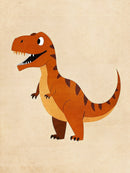 Oranje T-rex met bruine rugvlekken, gele buik en witte tanden op een beige achtergrond.