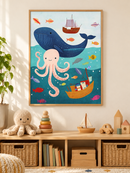 Walvis en Octopus Zeeavontuur in een houten lijst boven een speelgoedkast in een lichte kinderkamer