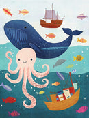 Blauwe walvis en roze octopus tussen kleurrijke vissen en twee schepen in turquoise golven.
