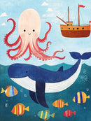 Blauwe walvis met witte buik, roze octopus, kleurrijke vissen en een houten zeeschip in een blauwe zee-illustratie.