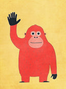 Rode orang-oetan met opgeheven hand op een gele achtergrond