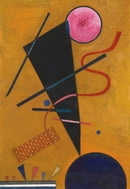 Wassily Kandinsky – Berührung (Contact): Zwarte diagonale vormen, een roze cirkel en gekleurde lijnen op een okergele achtergrond.
