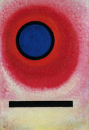 Wassily Kandinsky – Blauer Kreis No. 2 (Cercle Bleu II): Een blauwe cirkel in een rode gloed boven een zwarte horizontale balk.