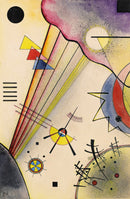 Wassily Kandinsky – Deutliche Verbindung (Clear Connection): Diagonale lijnen, cirkels en gele, rode en blauwe vlakken in een dynamische compositie.
