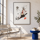 Wassily Kandinsky - Fröhlicher Aufstieg (1923) in een lichte loft met witte baksteen, een chromen stoel en een zwarte lijst