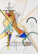 Wassily Kandinsky – Gewebe: Gele driehoeken, fijne zwarte lijnen, cirkels en groene en blauwe accenten op een lichte ondergrond.