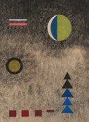 Wassily Kandinsky – Im lockeren Schwarz: Losse cirkels, driehoeken en rode blokjes tegen een donkere, getextureerde achtergrond.