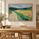 Wassily Kandinsky - Kallmünz – Nature study on the yellow stagecoach (1903) in een eethoek met houten tafel, geweven stoelen en een eiken lijst