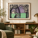 Wassily Kandinsky - Klänge – plaat 20 (1913) in een rustige bibliotheek met een groene fauteuil en een notenhouten lijst