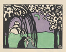 Wassily Kandinsky – Klänge – plaat 20: Gestileerde figuren en bomen in zwart, groen en lila, omgeven door een lichte rand.