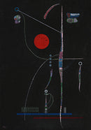 Wassily Kandinsky – L’accent Rouge: Een rode cirkel en fijne lijnen met kleine gekleurde accenten op een zwarte achtergrond.