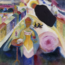 Wassily Kandinsky – Lady in Moscow: Een vrouw in een kleurrijk stadsgezicht met expressieve roze, gele en blauwe vlakken.