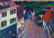 Wassily Kandinsky – Murnau – uitzicht vanuit het Griesbräu: Kleurrijke huizen langs een gebogen straat, met groene heuvels en een blauwe horizon.