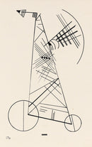 Wassily Kandinsky – Ohne Titel: Zwarte geometrische lijnen, cirkels en diagonalen op een rustige crèmekleurige ondergrond.