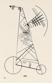 Wassily Kandinsky – Ohne Titel: Zwarte geometrische lijnen, cirkels en diagonalen op een rustige crèmekleurige ondergrond.