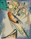 Wassily Kandinsky – Ohne Titel (Untitled): Vrije zwarte lijnen en organische kleurvlakken in groen, geel en oranje op een lichte achtergrond.