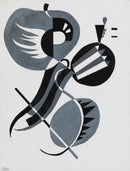 Wassily Kandinsky – Sans Titre: Zwarte en grijze gebogen vormen met strepen en diagonale lijnen op een lichte achtergrond.